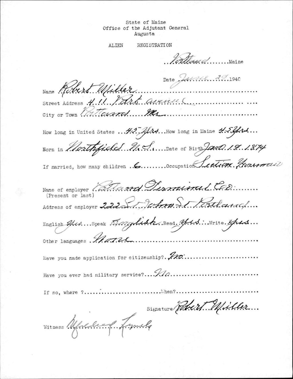 Miniature of Alien Registration- Miller, Robert (Portland, Cumberland County)