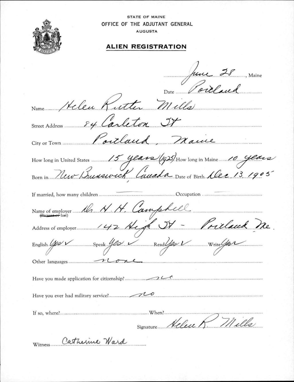 Miniature of Alien Registration- Mills, Helen R. (Portland, Cumberland County)
