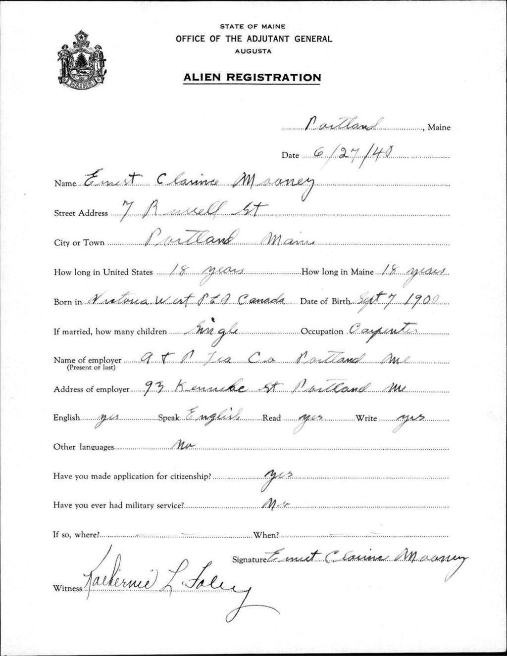 Miniature of Alien Registration- Mooney, Ernest C. (Portland, Cumberland County)