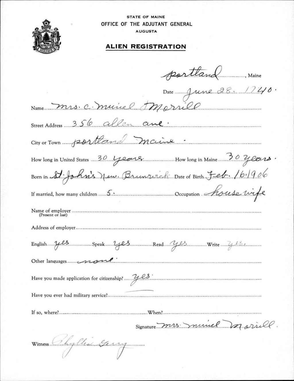 Miniature of Alien Registration- Morrill, C Muriel (Portland, Cumberland County)
