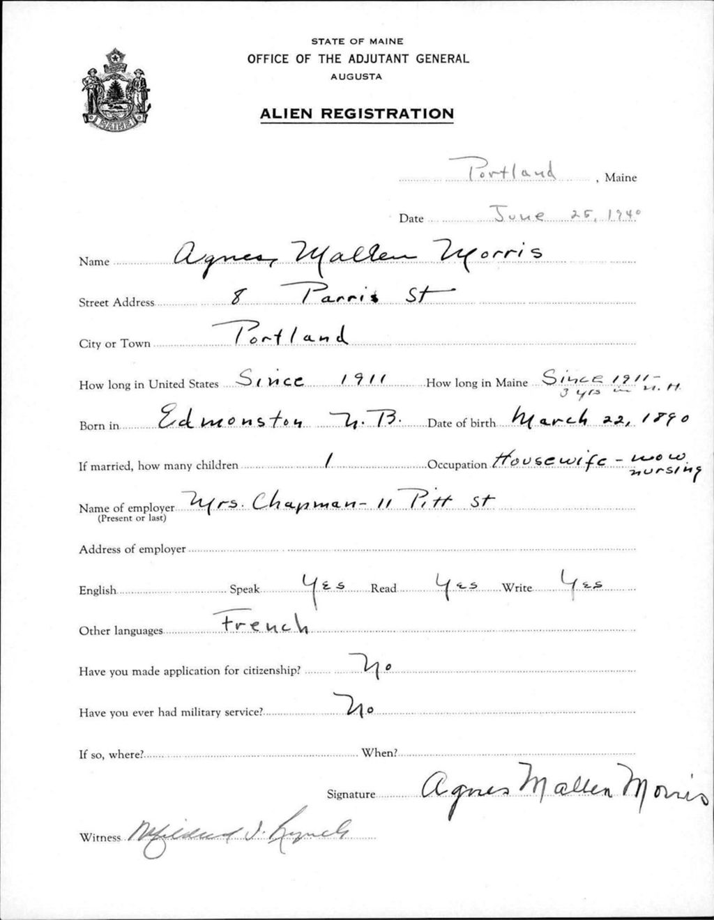 Miniature of Alien Registration- Mallen, Agnes M. (Portland, Cumberland County)