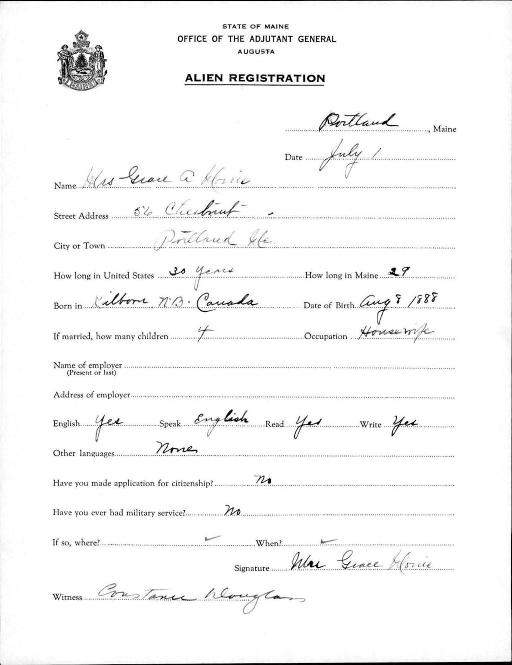 Miniature of Alien Registration- Morris, Grace A. (Portland, Cumberland County)
