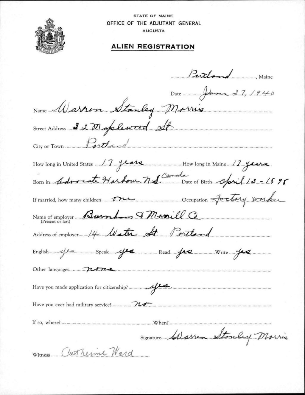 Miniature of Alien Registration- Morris, Warren S. (Portland, Cumberland County)