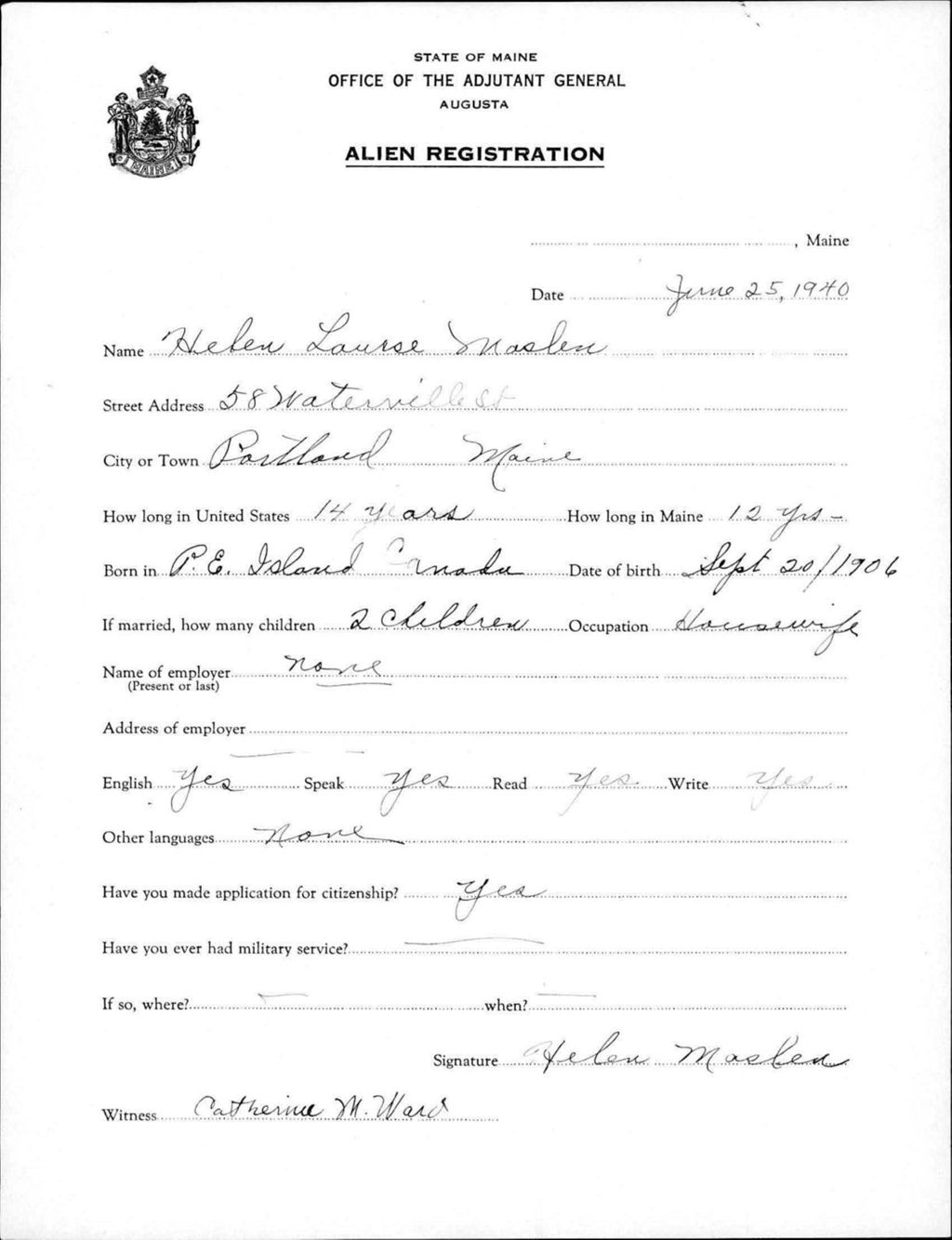 Miniature of Alien Registration- Mosher, Helen L. (Portland, Cumberland County)
