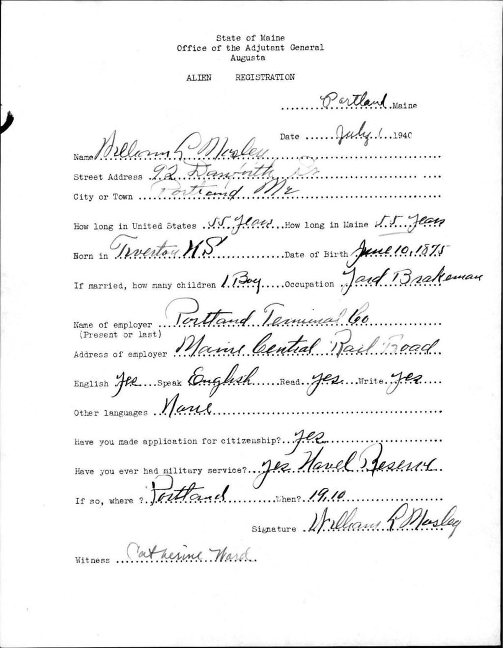 Miniature of Alien Registration- Mosley, William R. (Portland, Cumberland County)