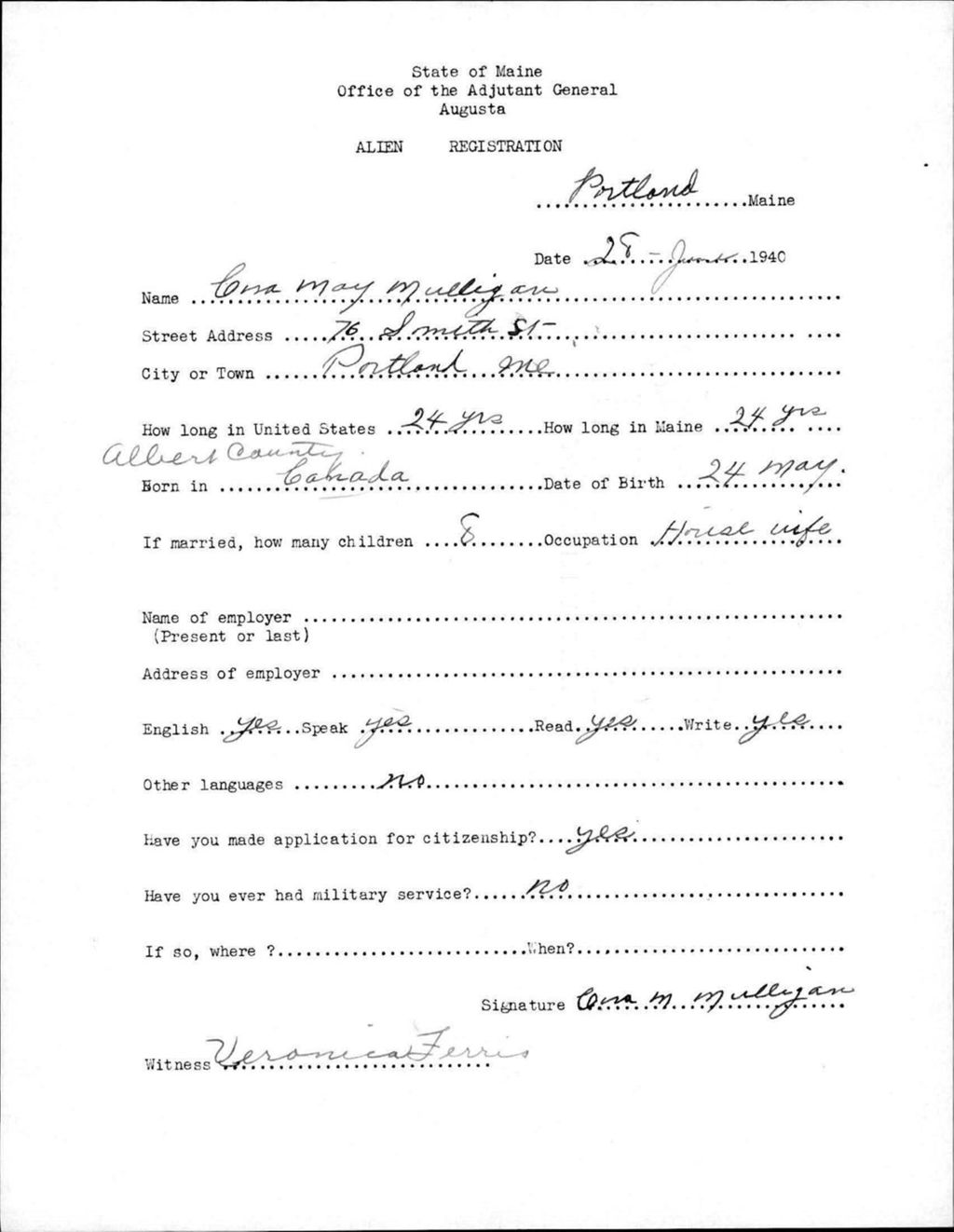 Miniature of Alien Registration- Mulligan, Cora M. (Portland, Cumberland County)