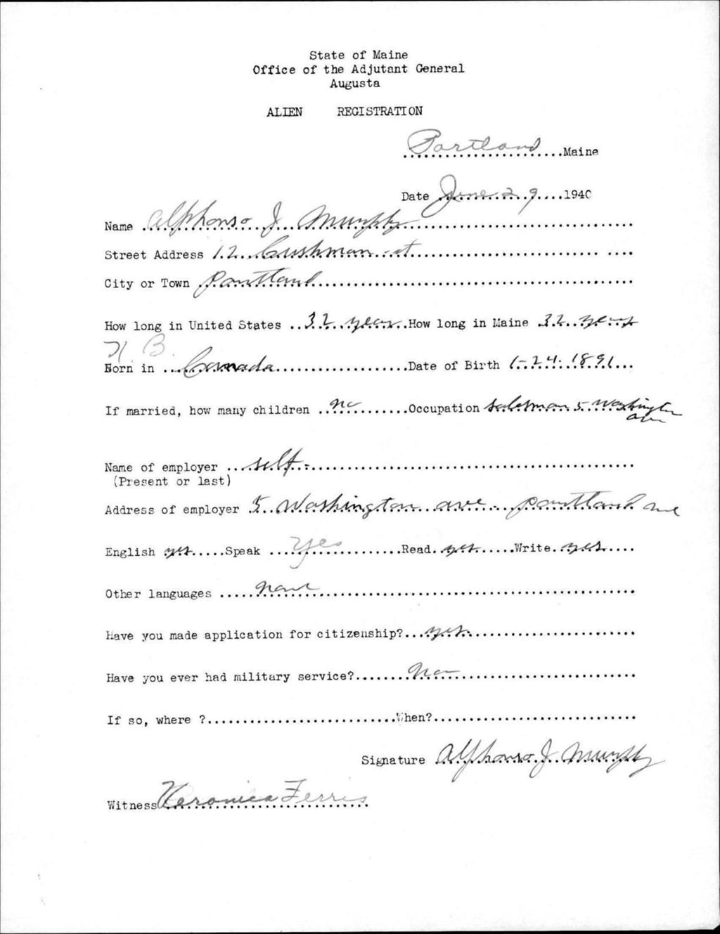 Miniature of Alien Registration- Murphy, Alphonse J. (Portland, Cumberland County)