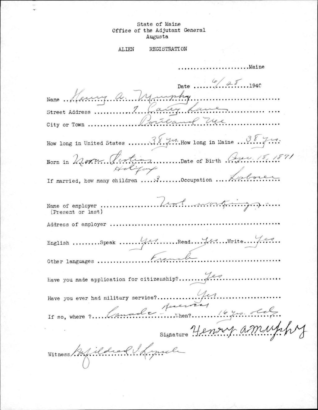 Miniature of Alien Registration- Murphy, Henry A. (Portland, Cumberland County)