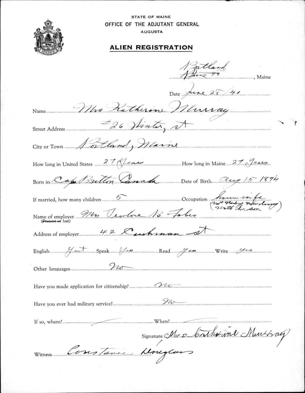 Miniature of Alien Registration- Murray, Katherine (Portland, Cumberland County)