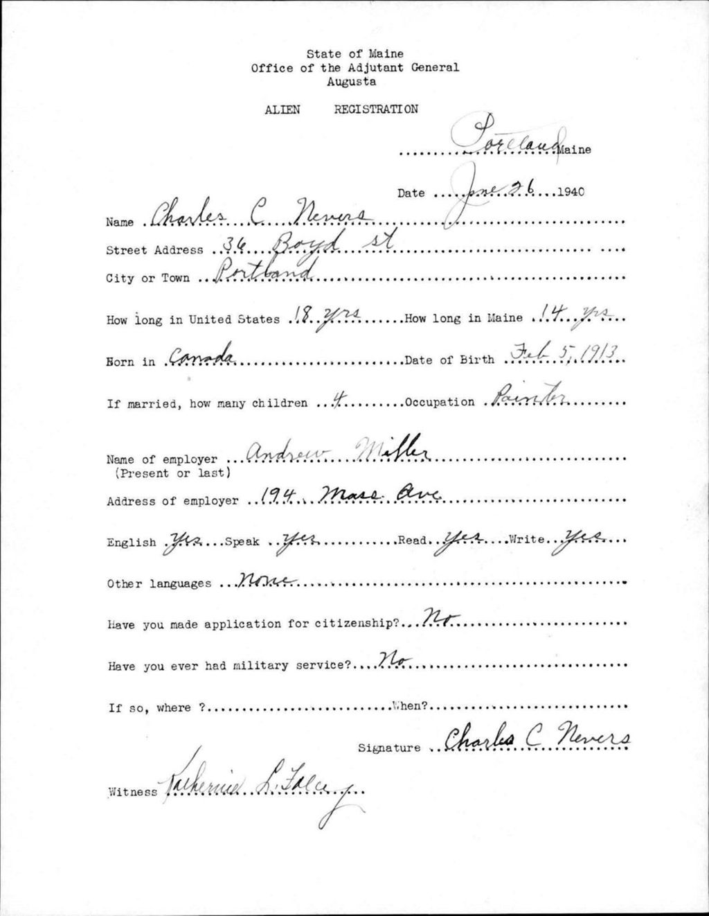 Miniature of Alien Registration- Nevers, Charles C. (Portland, Cumberland County)