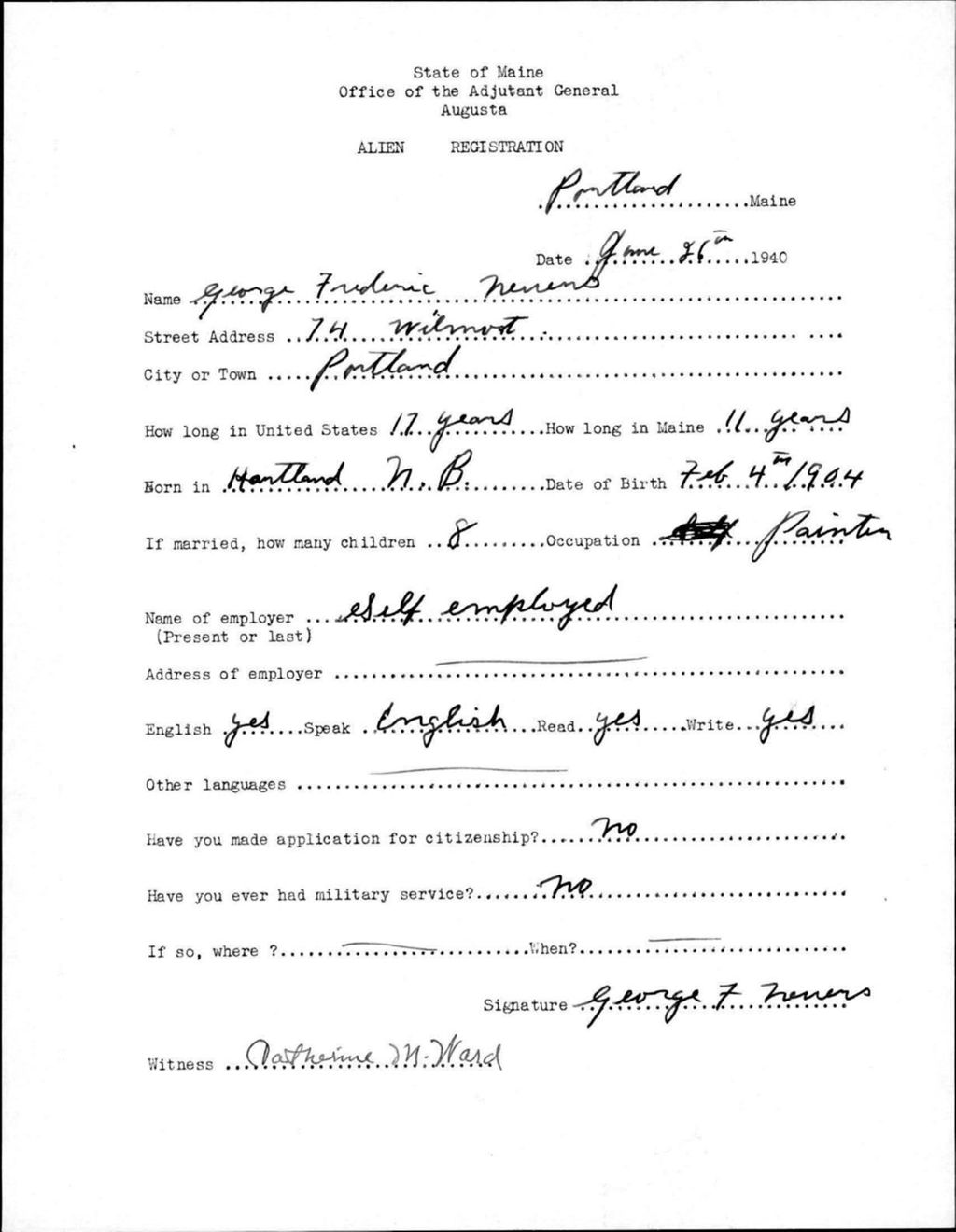 Miniature of Alien Registration- Nevers, George F. (Portland, Cumberland County)