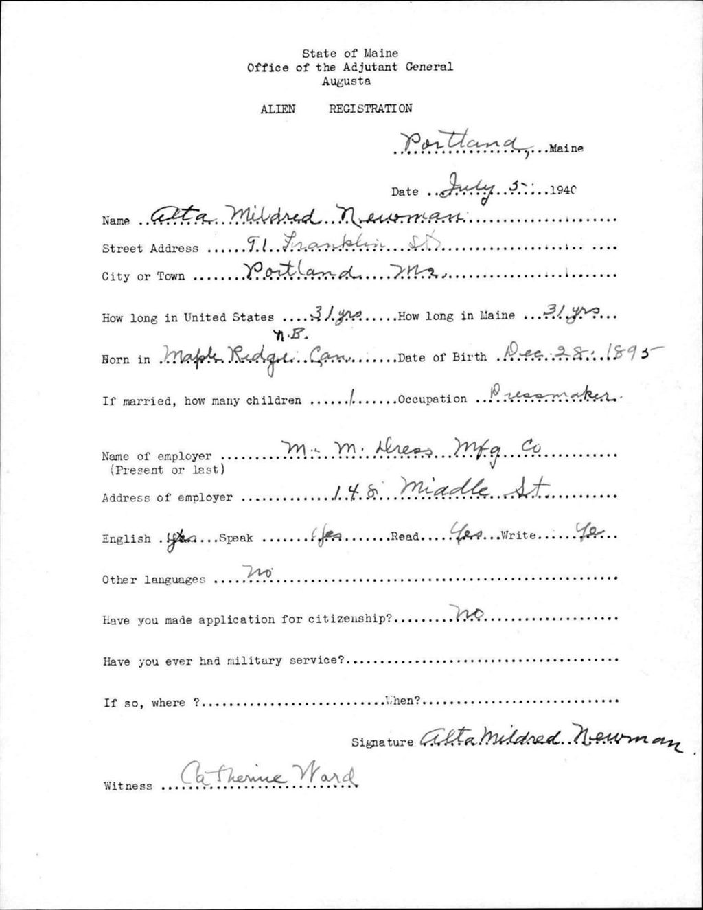 Miniature of Alien Registration- Newman, Alta M. (Portland, Cumberland County)