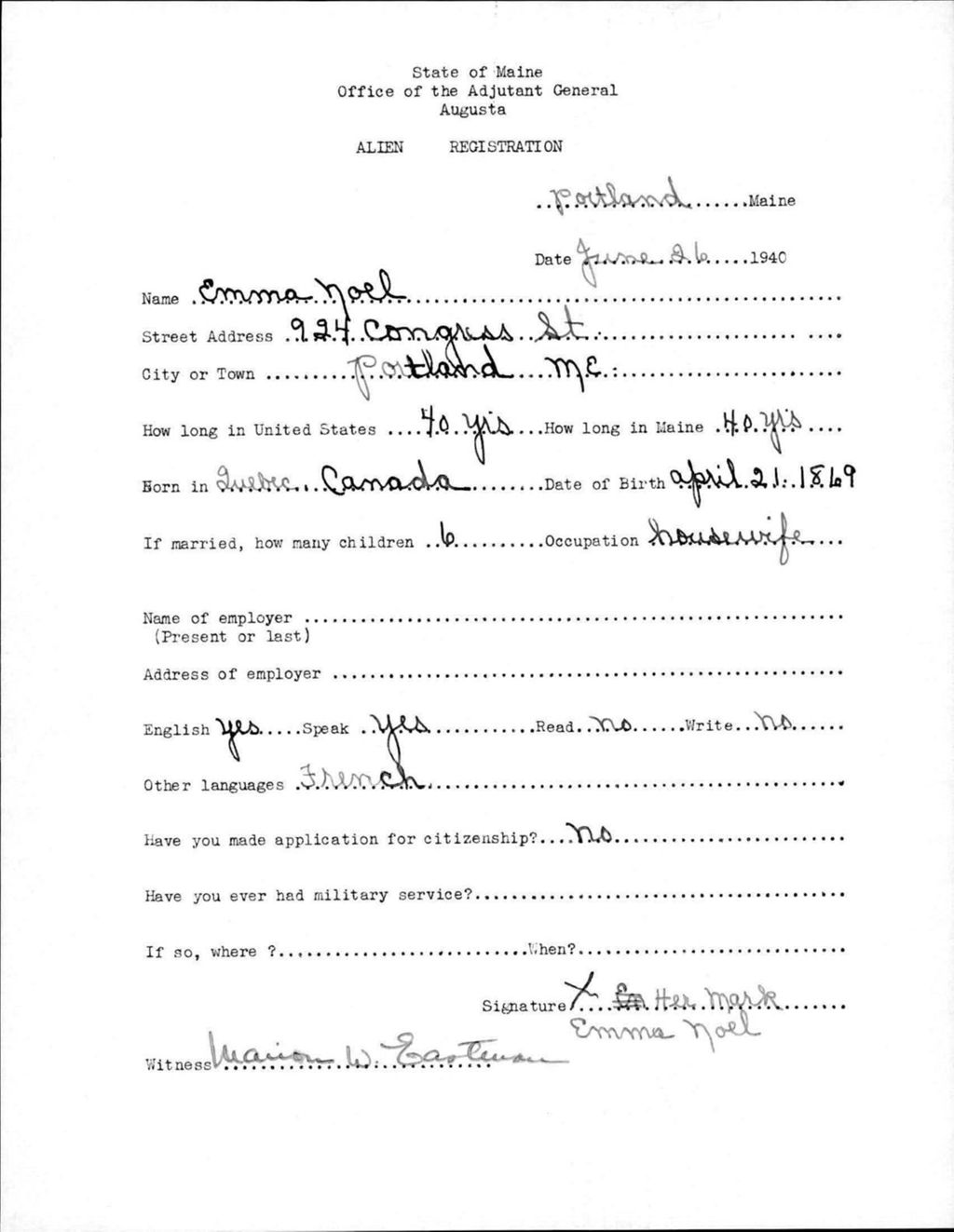 Miniature of Alien Registration- Noel, Emma (Portland, Cumberland County)