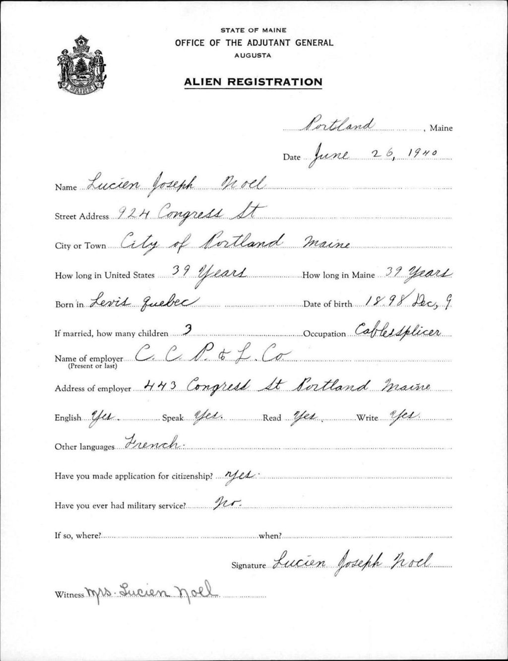 Miniature of Alien Registration- Noel, Lucien J. (Portland, Cumberland County)