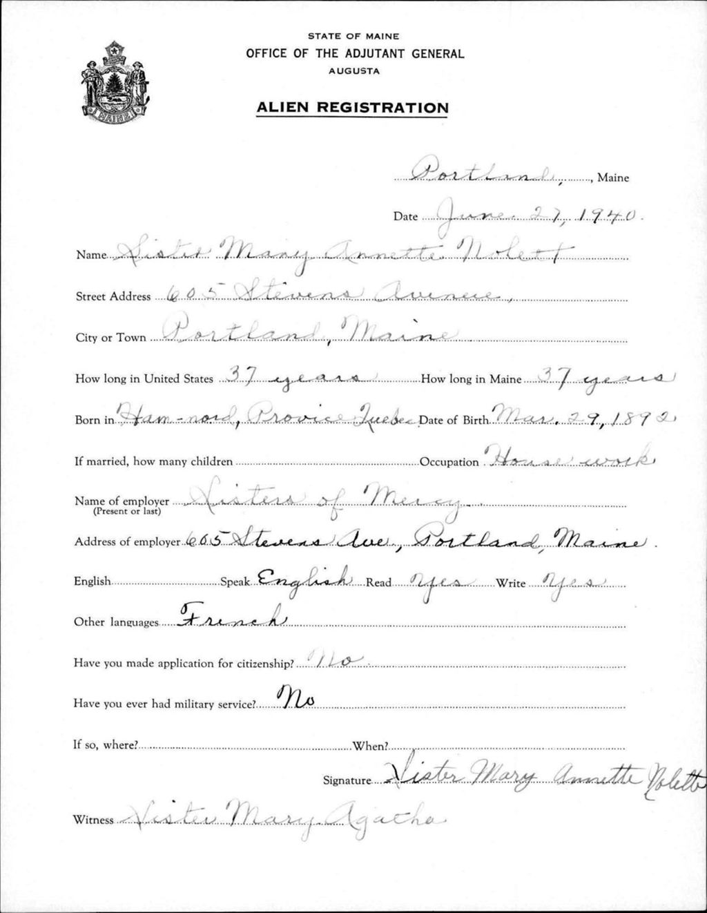Miniature of Alien Registration- Nolett, Sister Mary Annette (Portland, Cumberland County)