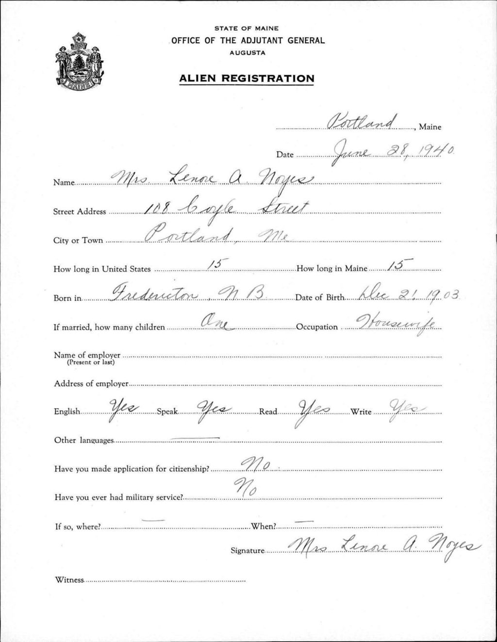 Miniature of Alien Registration- Noyes, Lenore A. (Portland, Cumberland County)