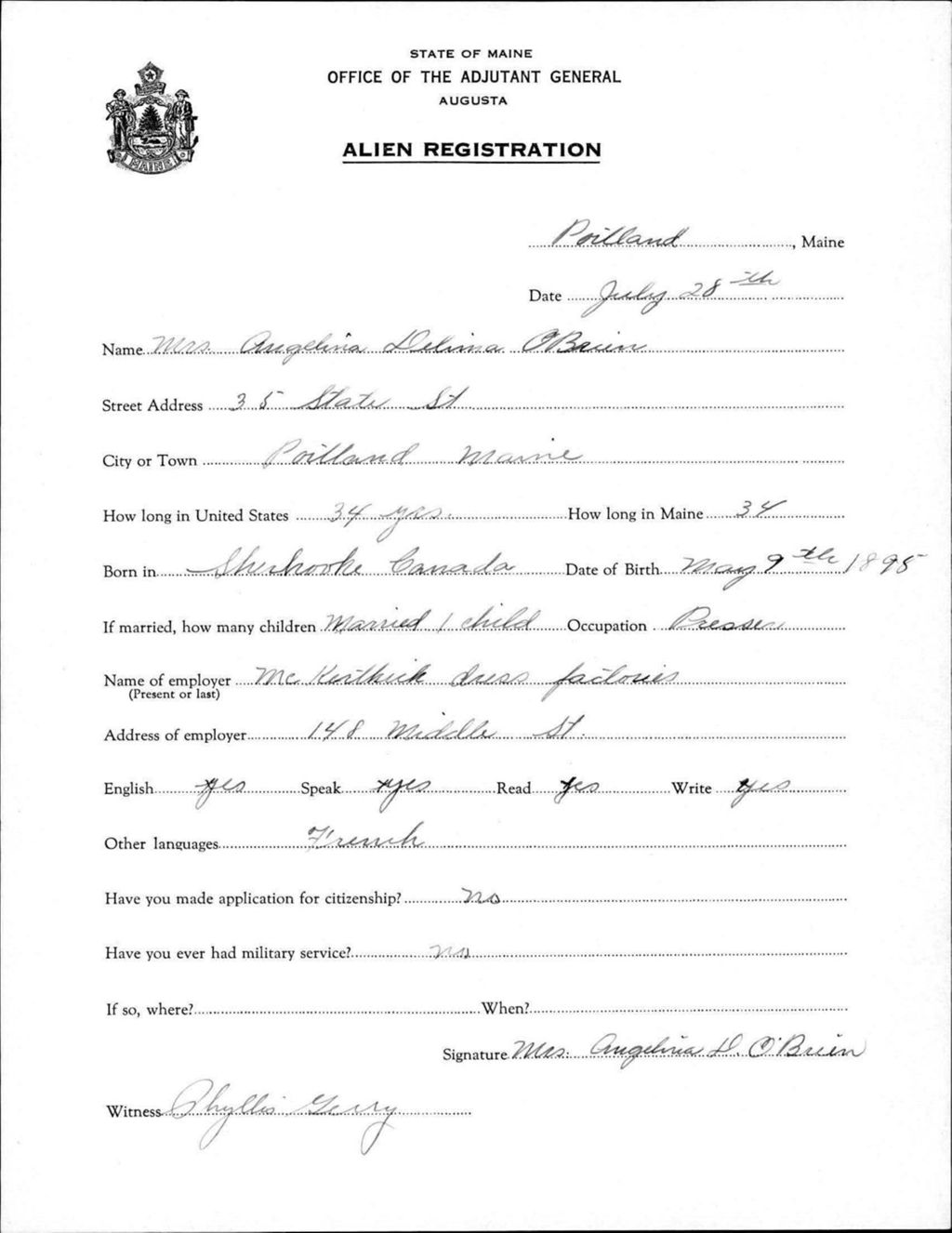 Miniature of Alien Registration- Obrien, Angelina D. (Portland, Cumberland County)