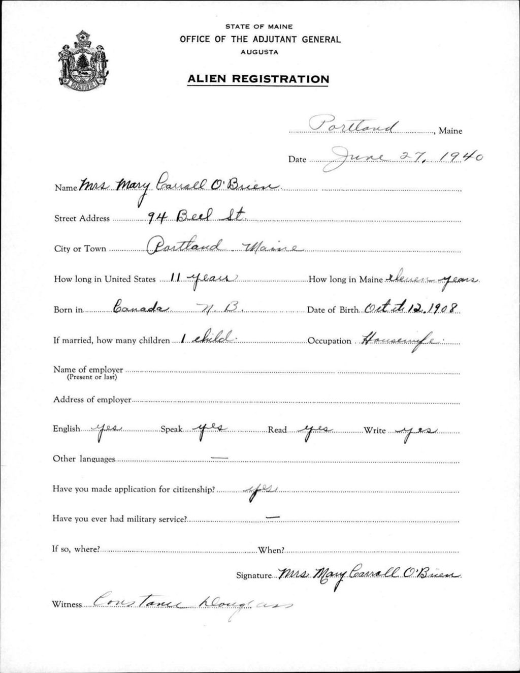 Miniature of Alien Registration- O'Brien, Mary C. (Portland, Cumberland County)