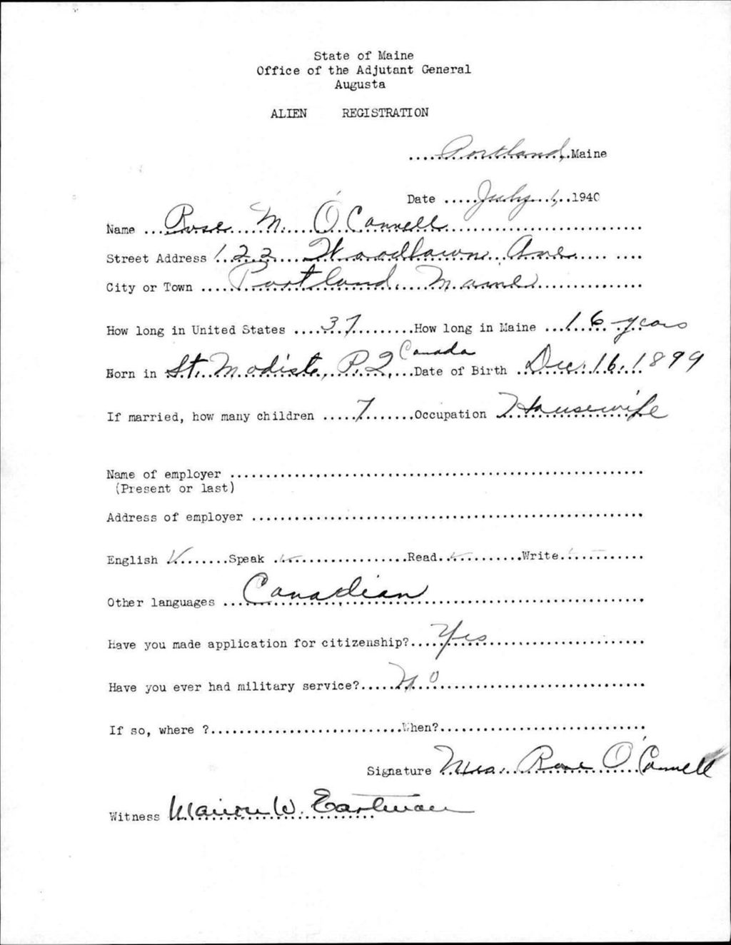 Miniature of Alien Registration- O'Connell, Rose M. (Portland, Cumberland County)