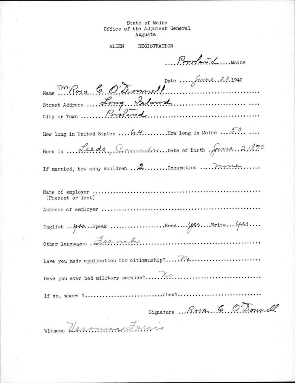 Miniature of Alien Registration- O'Donnell, Rosa C. (Portland, Cumberland County)
