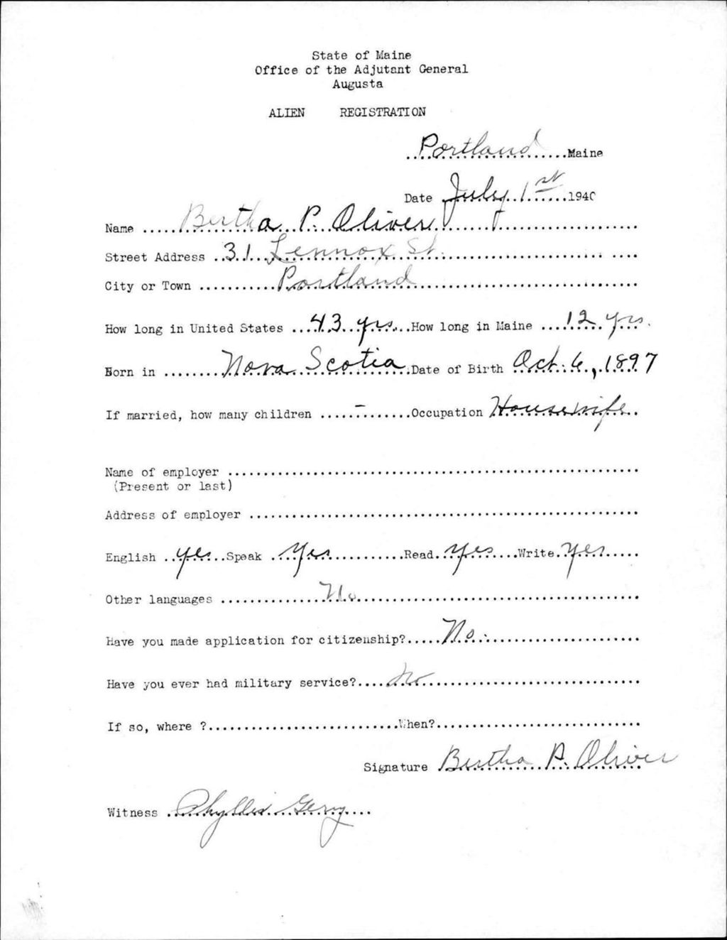 Miniature of Alien Registration- Oliver, Bertha P. (Portland, Cumberland County)