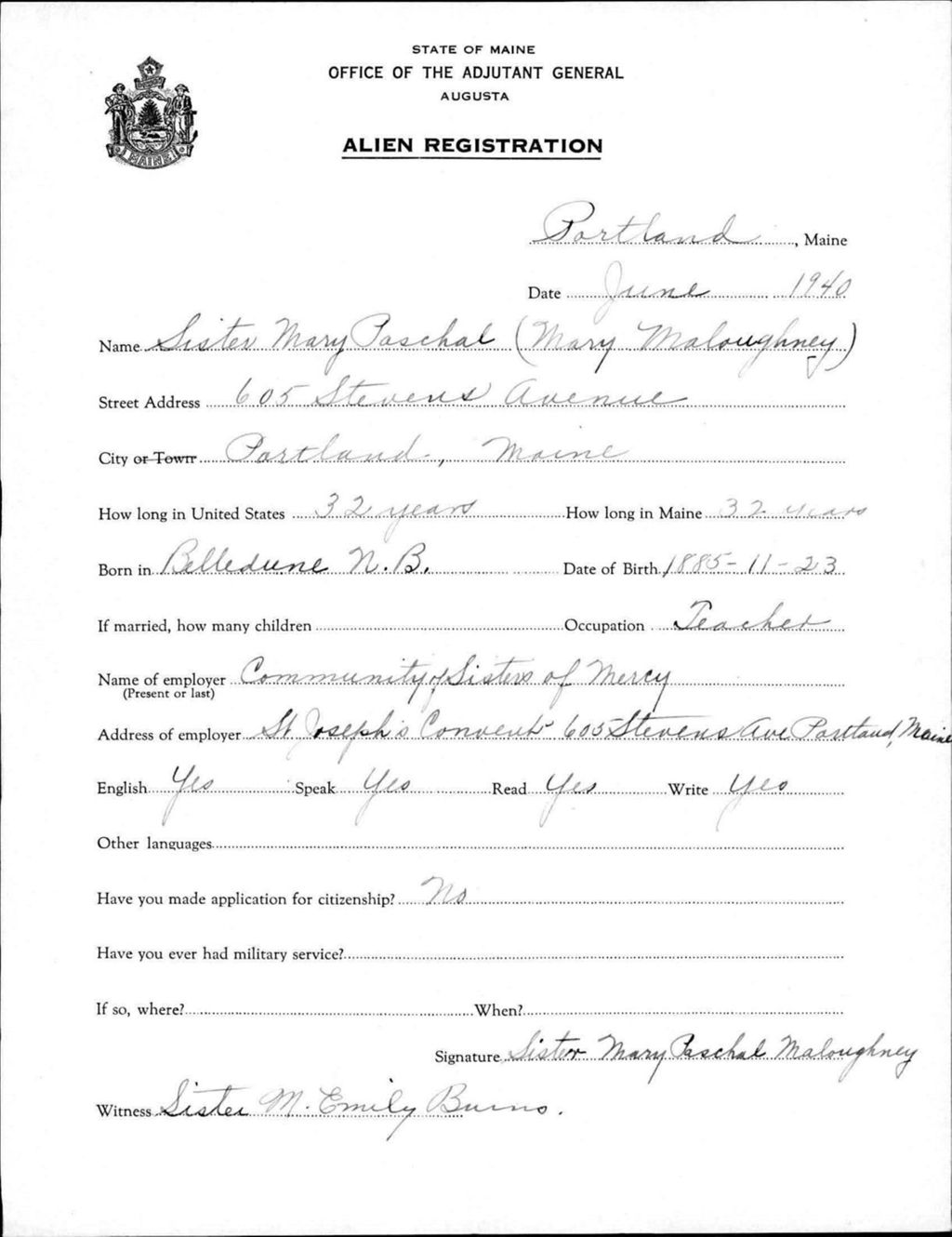Miniature of Alien Registration- Maloughney, Mary (Portland, Cumberland County)
