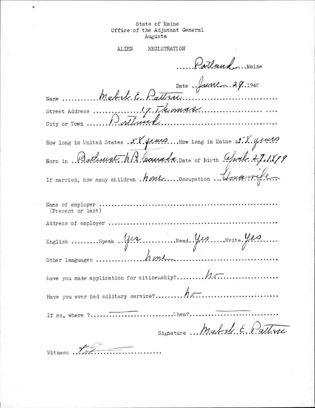 Miniature of Alien Registration- Patten, Mabel E. (Portland, Cumberland County)