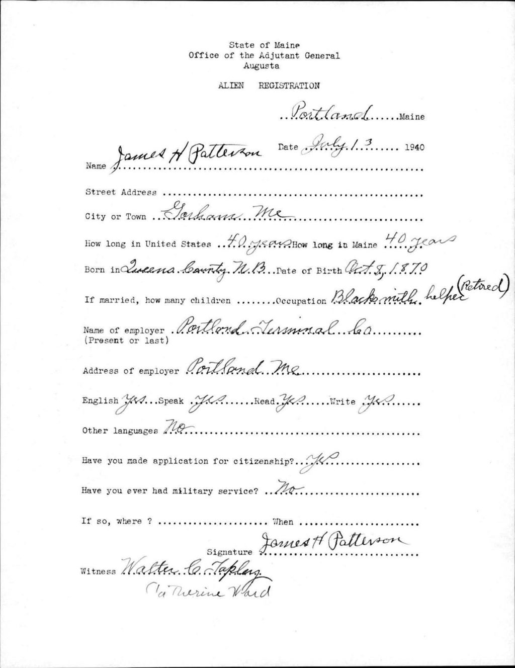 Miniature of Alien Registration- Patterson, James H. (Portland, Cumberland County)
