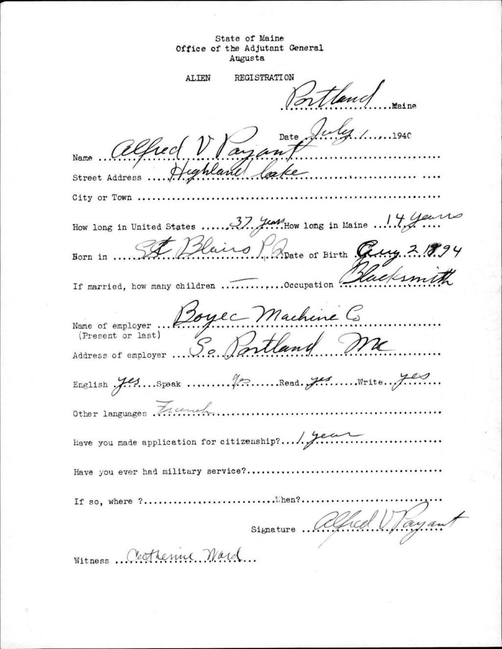 Miniature of Alien Registration- Payant, Alfred V. (Portland, Cumberland County)