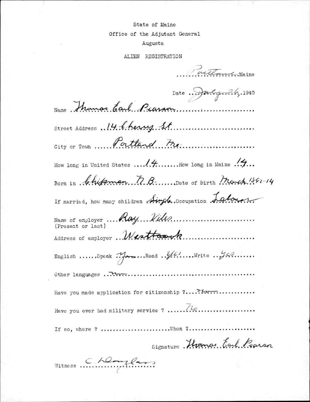 Miniature of Alien Registration- Pearson, Thomas E. (Portland, Cumberland County)