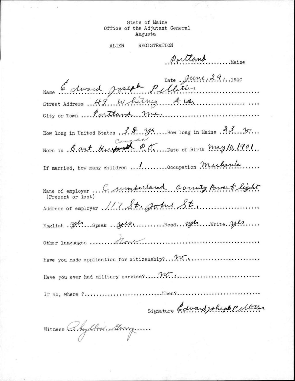 Miniature of Alien Registration- Pelletier, Edward J. (Portland, Cumberland County)