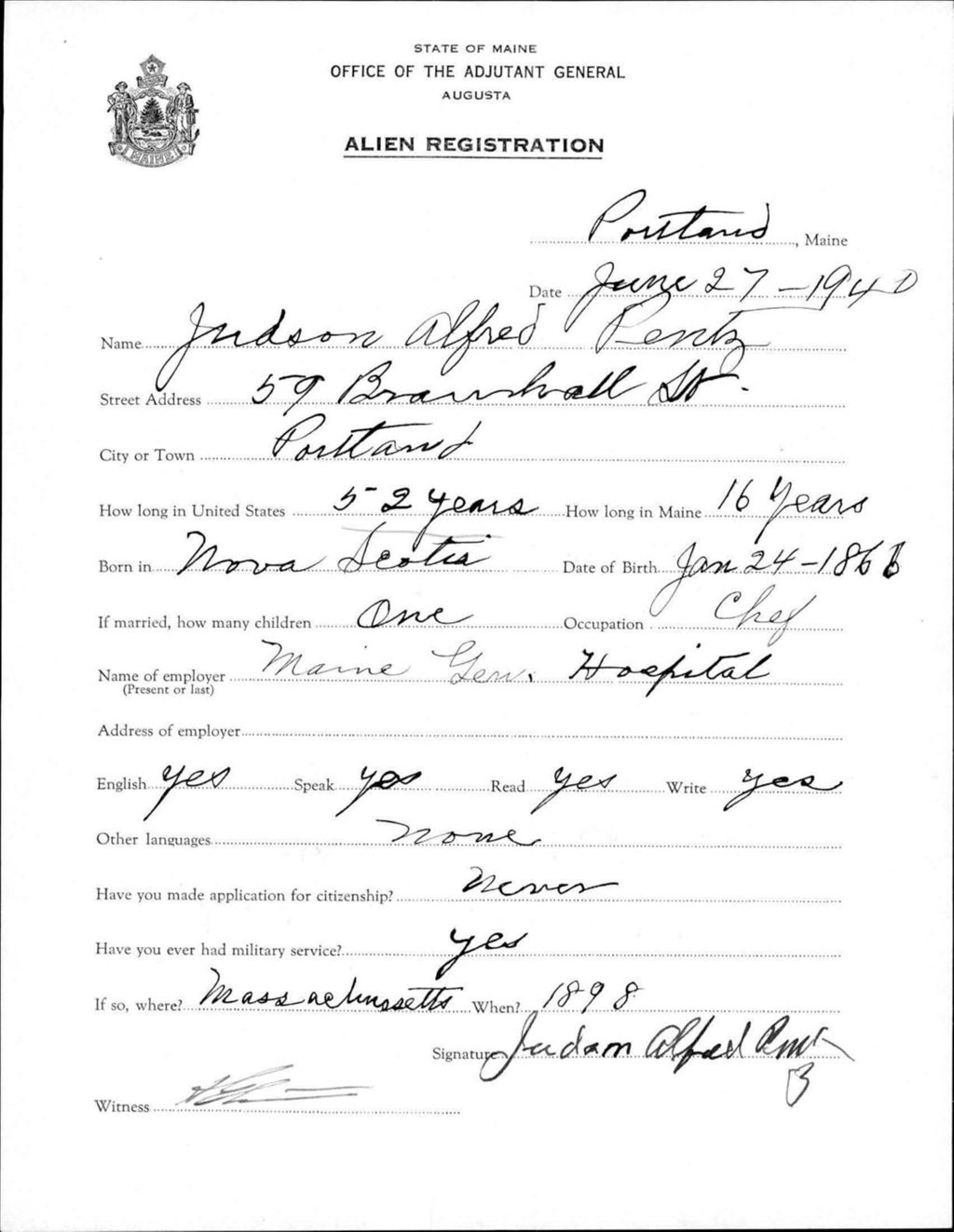 Miniature of Alien Registration- Pentz, Judson A. (Portland, Cumberland County)
