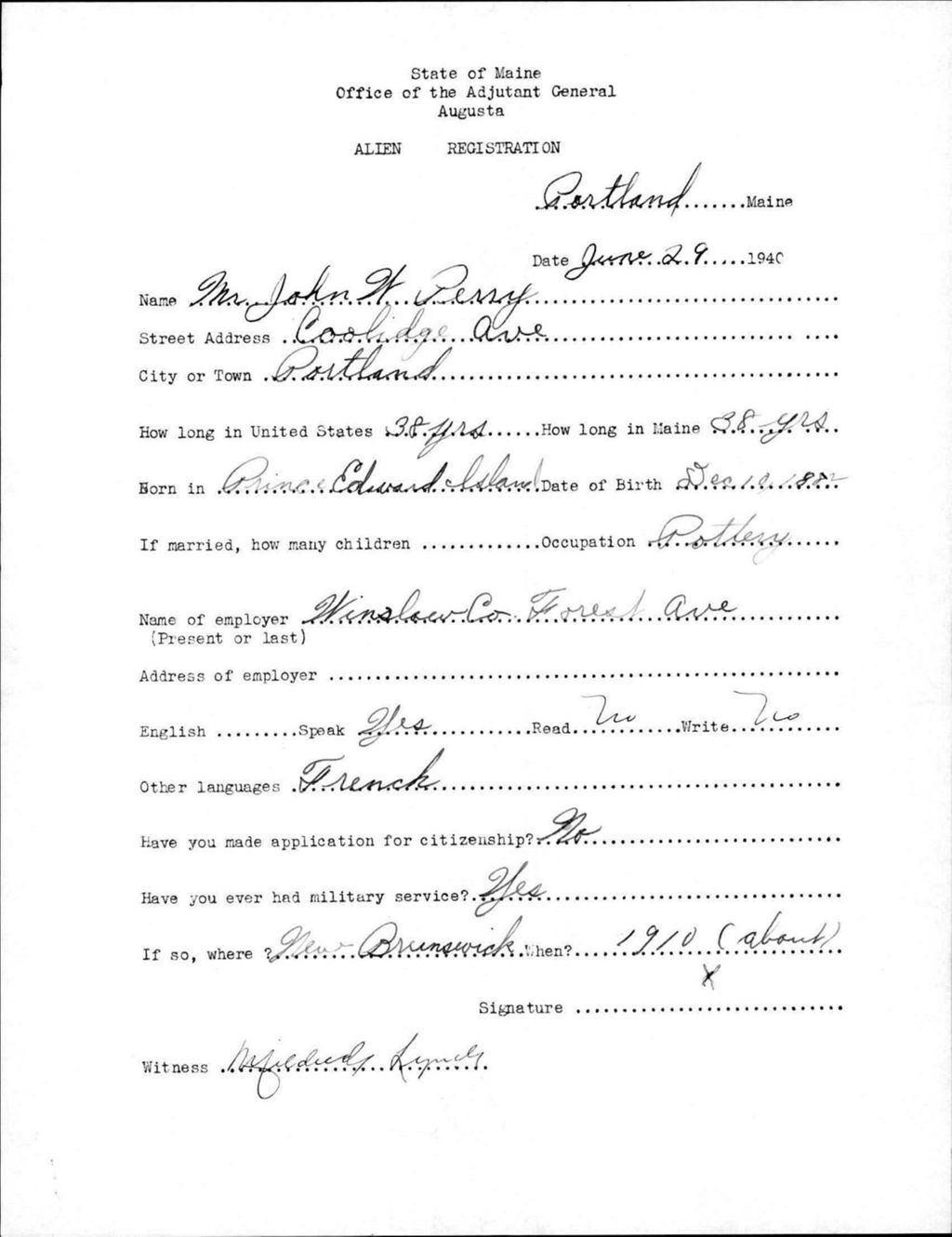 Miniature of Alien Registration- Perry, John W. (Portland, Cumberland County)