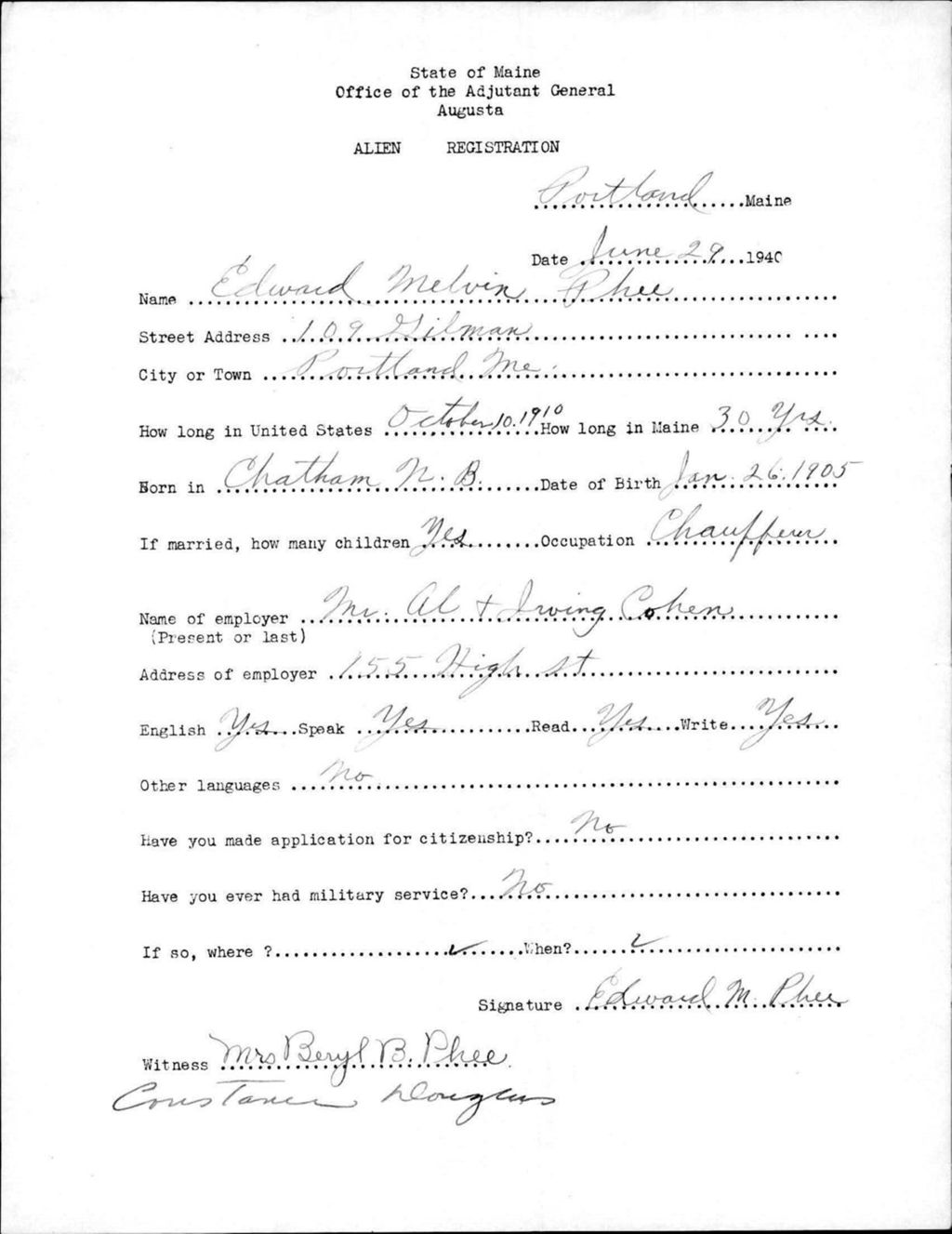 Miniature of Alien Registration- Phee, Edward M. (Portland, Cumberland County)