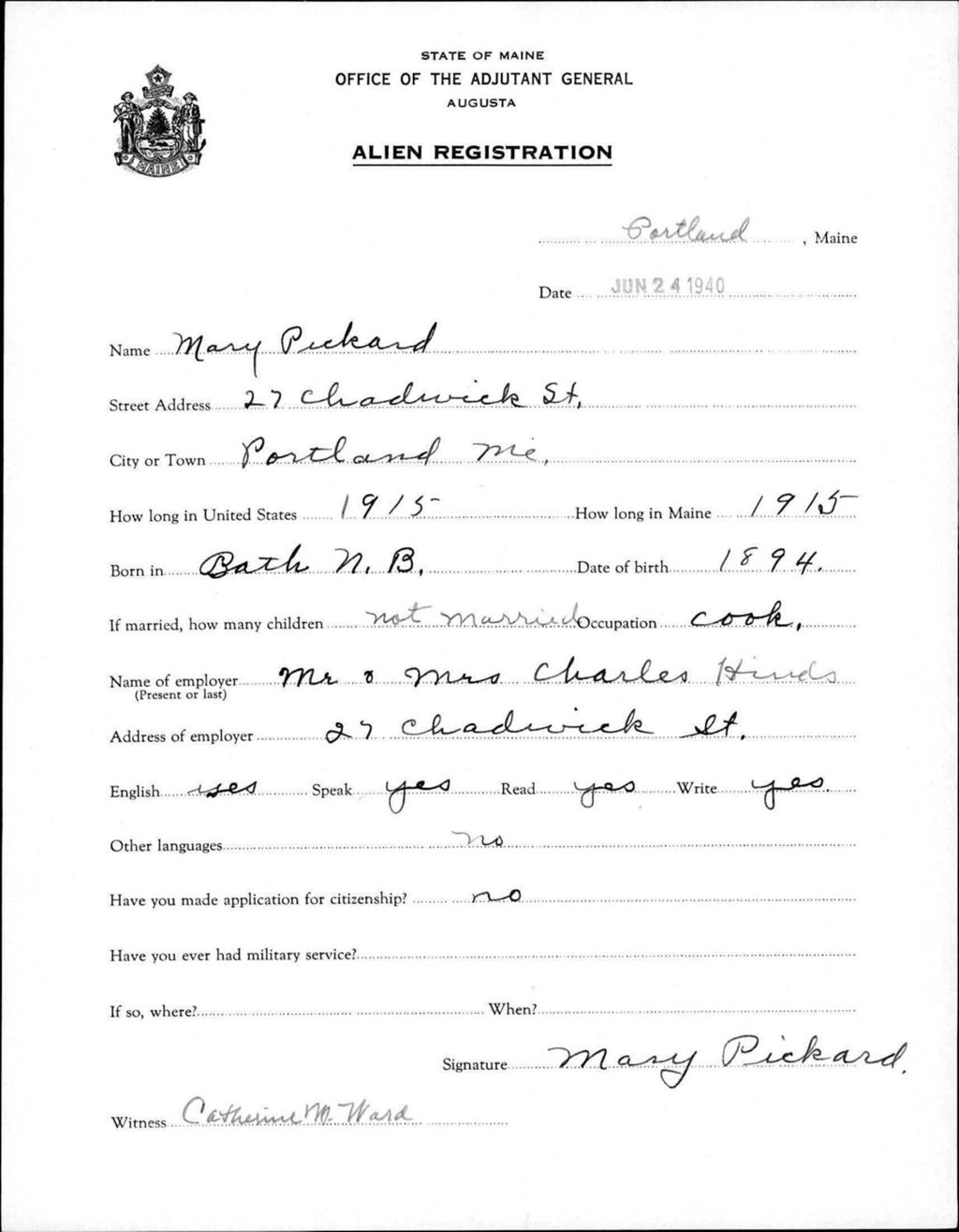 Miniature of Alien Registration- Pickard, Mary (Portland, Cumberland County)