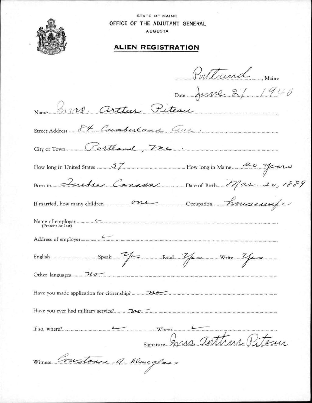 Miniature of Alien Registration- Piteau, Arthur (Portland, Cumberland County)