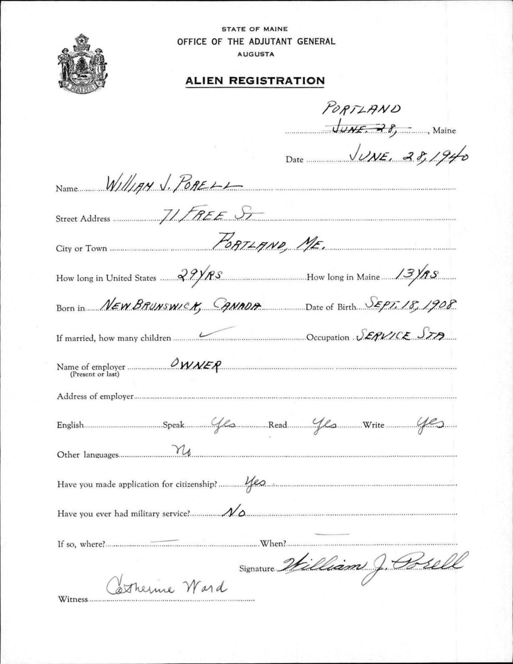 Miniature of Alien Registration- Porell, William J. (Portland, Cumberland County)