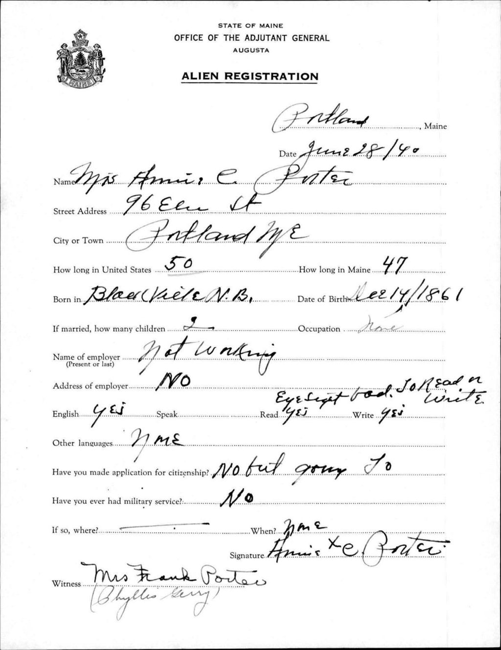 Miniature of Alien Registration- Porter, Annie C. (Portland, Cumberland County)