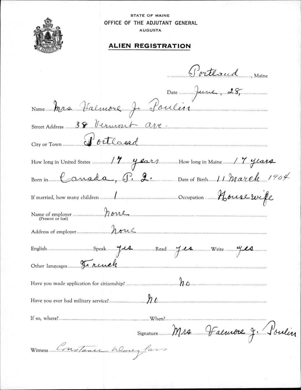 Miniature of Alien Registration- Poulin, Valmore J. (Portland, Cumberland County)