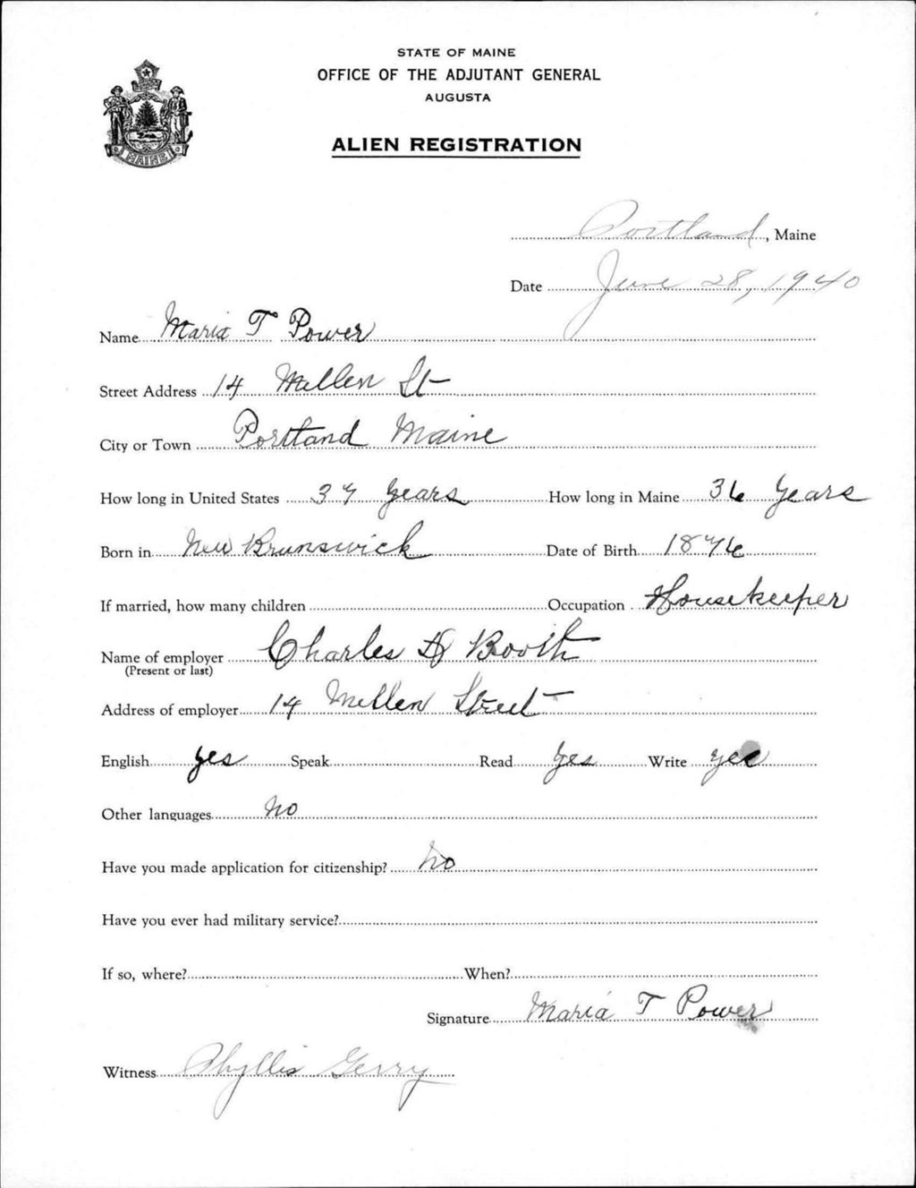 Miniature of Alien Registration- Power, Maria T. (Portland, Cumberland County)