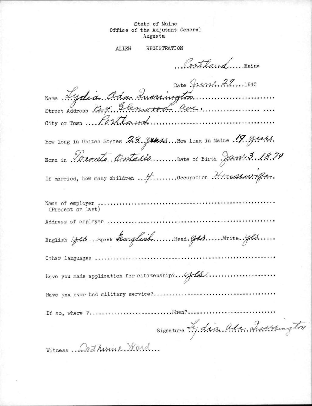 Miniature of Alien Registration- Quarrington, Lydia A. (Portland, Cumberland County)