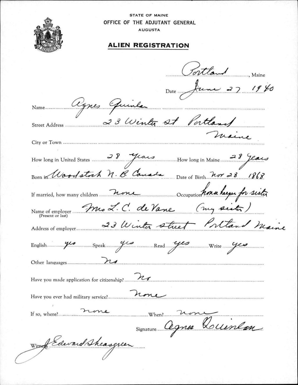 Miniature of Alien Registration- Quinlan, Agnes (Portland, Cumberland County)