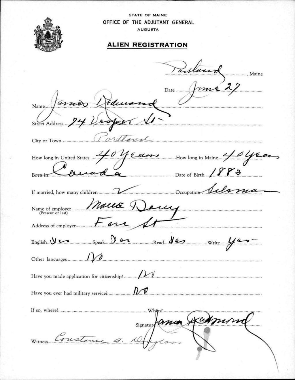 Miniature of Alien Registration- Redmond, James (Portland, Cumberland County)