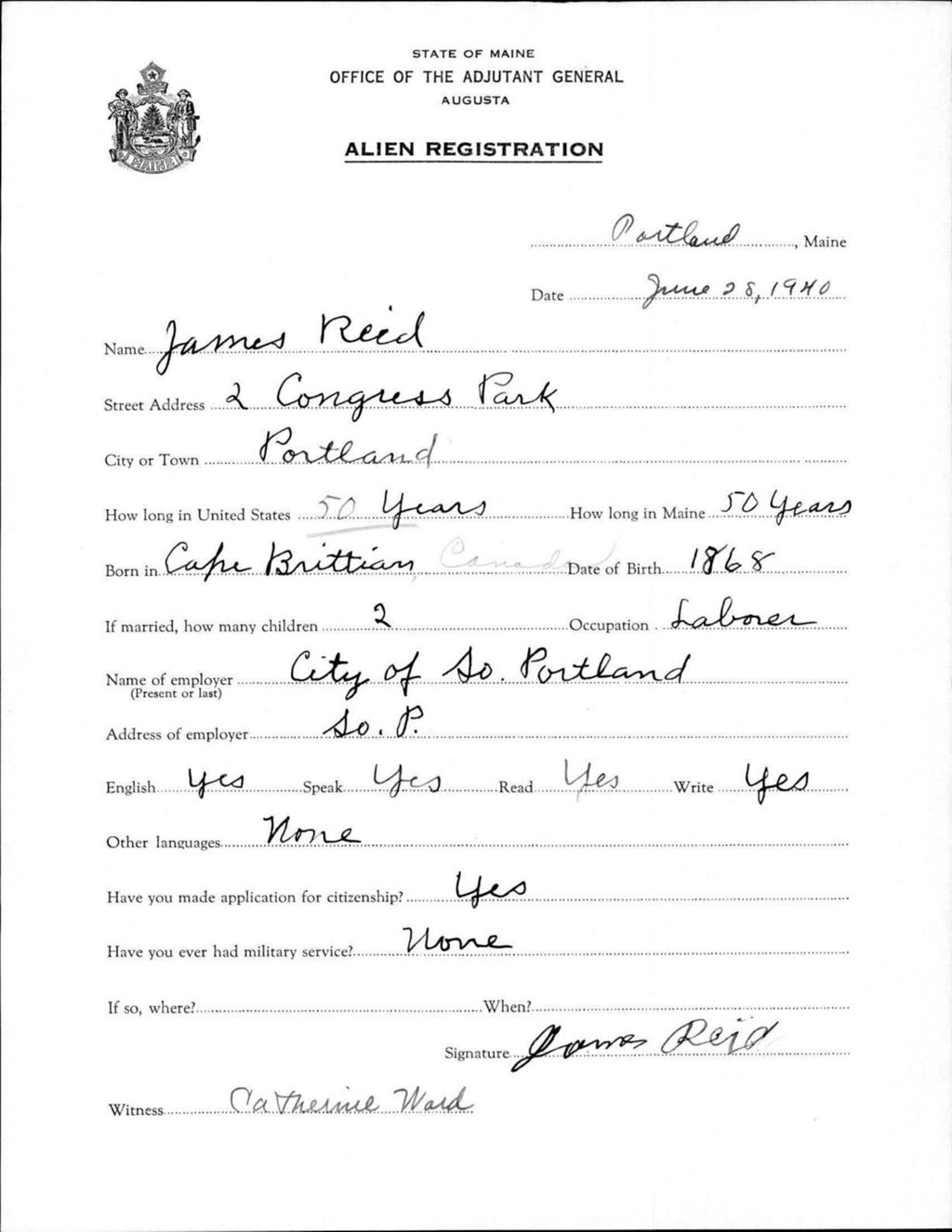 Miniature of Alien Registration- Reid, James (Portland, Cumberland County)