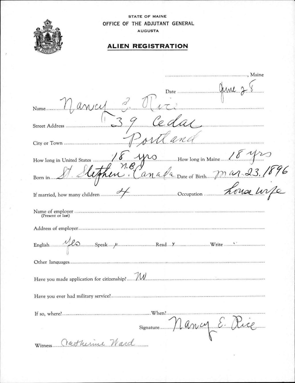 Miniature of Alien Registration- Rice, Nancy E. (Portland, Cumberland County)