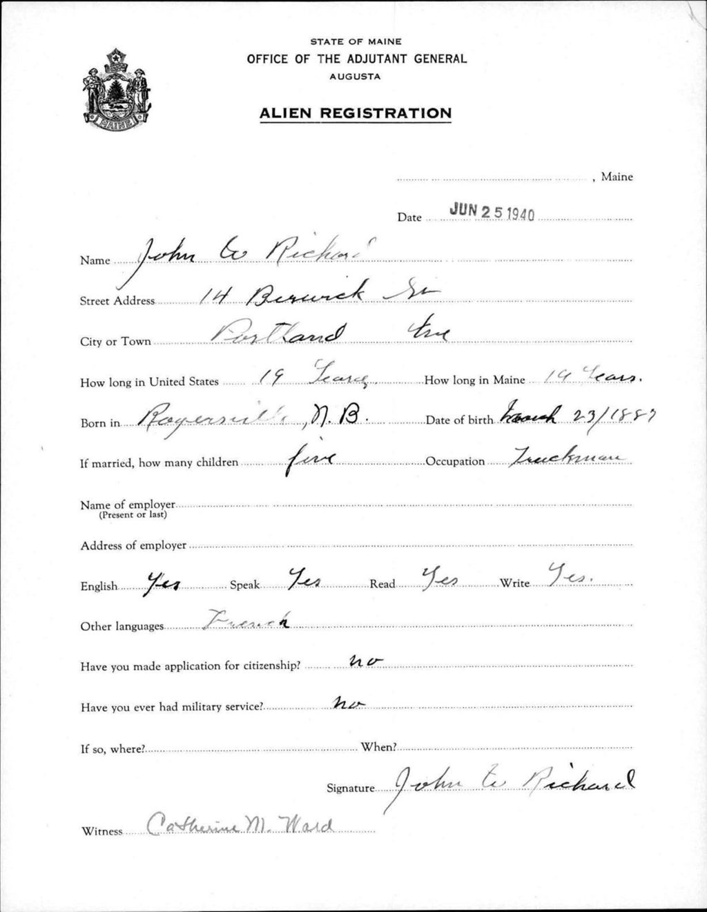 Miniature of Alien Registration- Richard, John W. (Portland, Cumberland County)