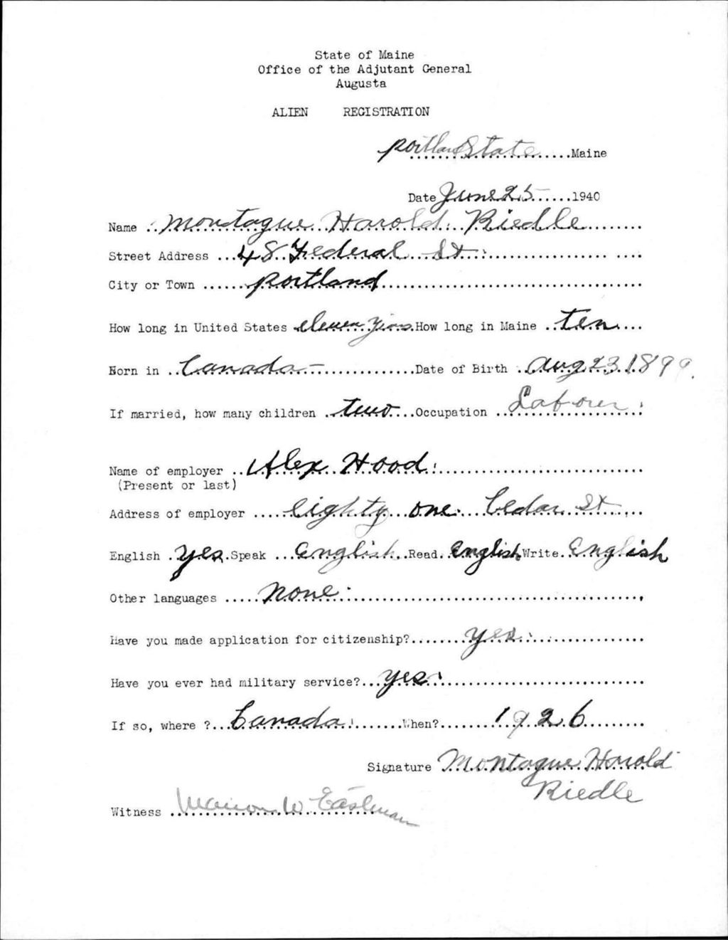 Miniature of Alien Registration- Riedle, Montague H. (Portland, Cumberland County)