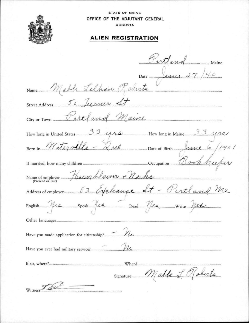 Miniature of Alien Registration- Roberts, Mable L. (Portland, Cumberland County)