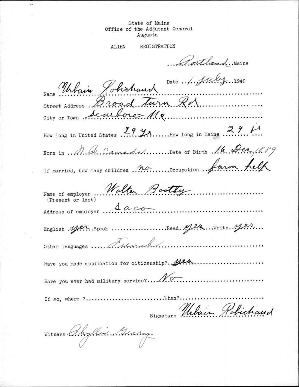 Miniature of Alien Registration- Robichaud, Urbain (Portland, Cumberland County)