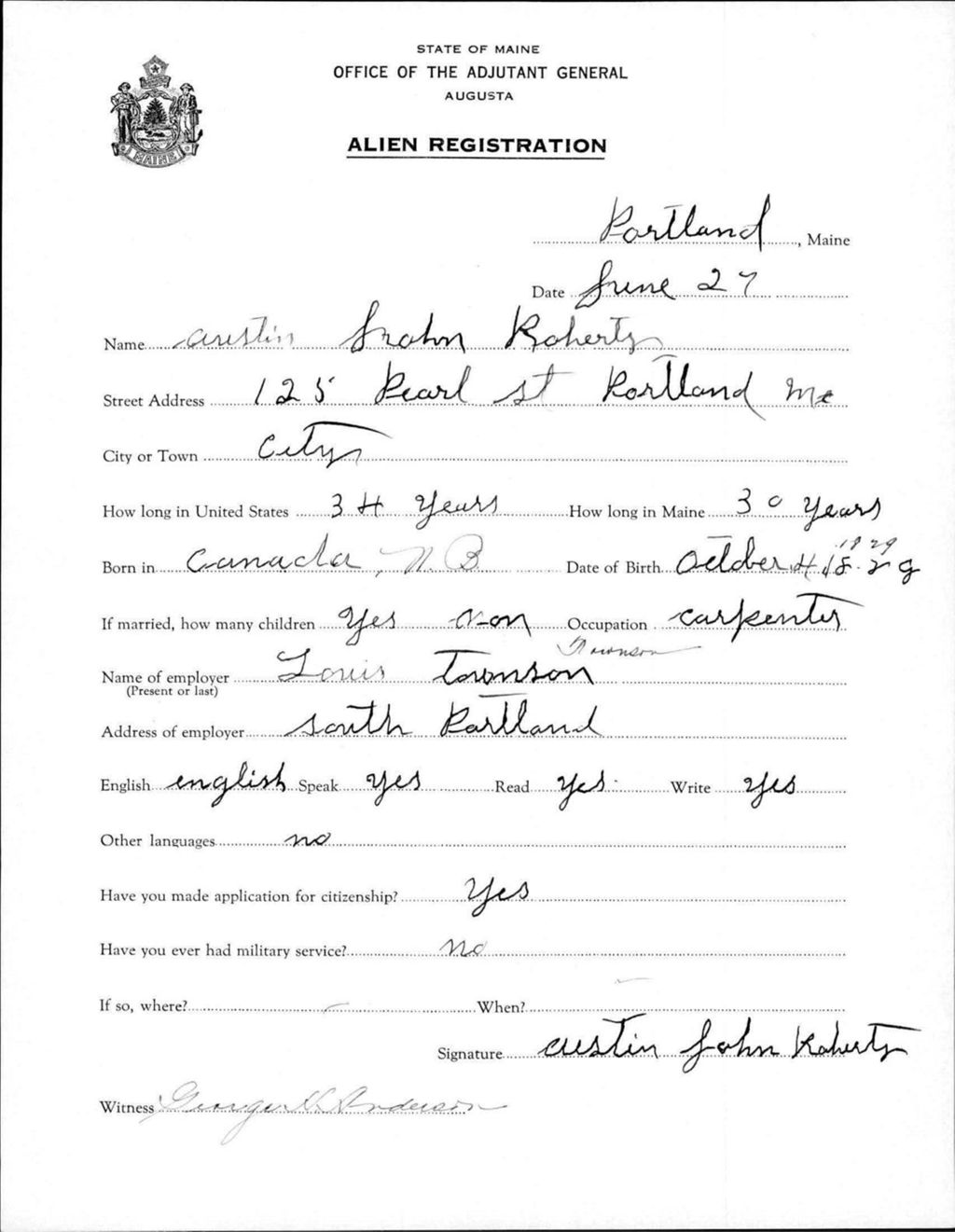 Miniature of Alien Registration- Roherty, Austin J. (Portland, Cumberland County)